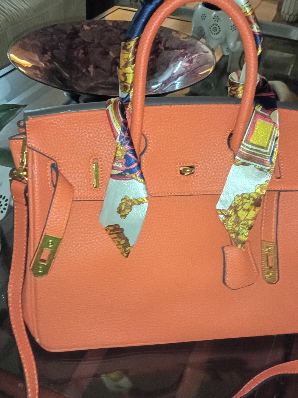 Textured Orange Satchel with Scarf Accent